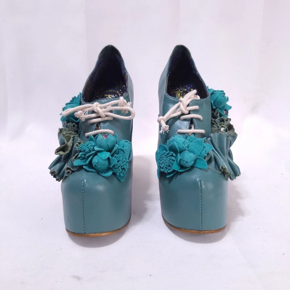 Irregular Choice Pertrisha Leather Floral‎ Ruffle Platform Heels Womens 6.5 Teal